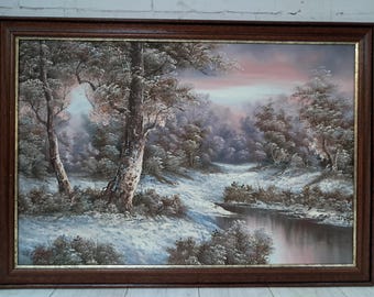 Vintage Winter Landscape Oil Painting, 1980s Signed Art in Mahogany Frame