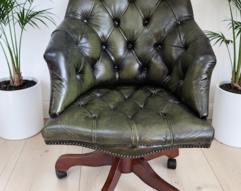 Vintage Directors Chair Chesterfield Style Green Leather Swivel & Tilt Captains Chair Ring Mekanikk