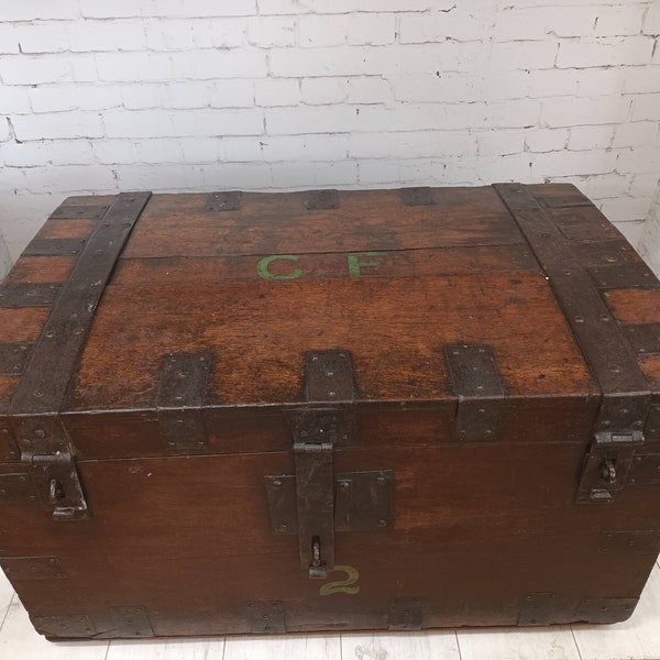 Antique LARGE Victorian Travel Trunk Chest Cabin Coffee Table Pirate Vintage