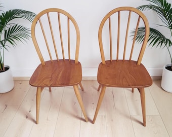 Mid Century Ercol Windsor Dining Chairs Pair Hoop Back  - Light Elm  Chairs Restored