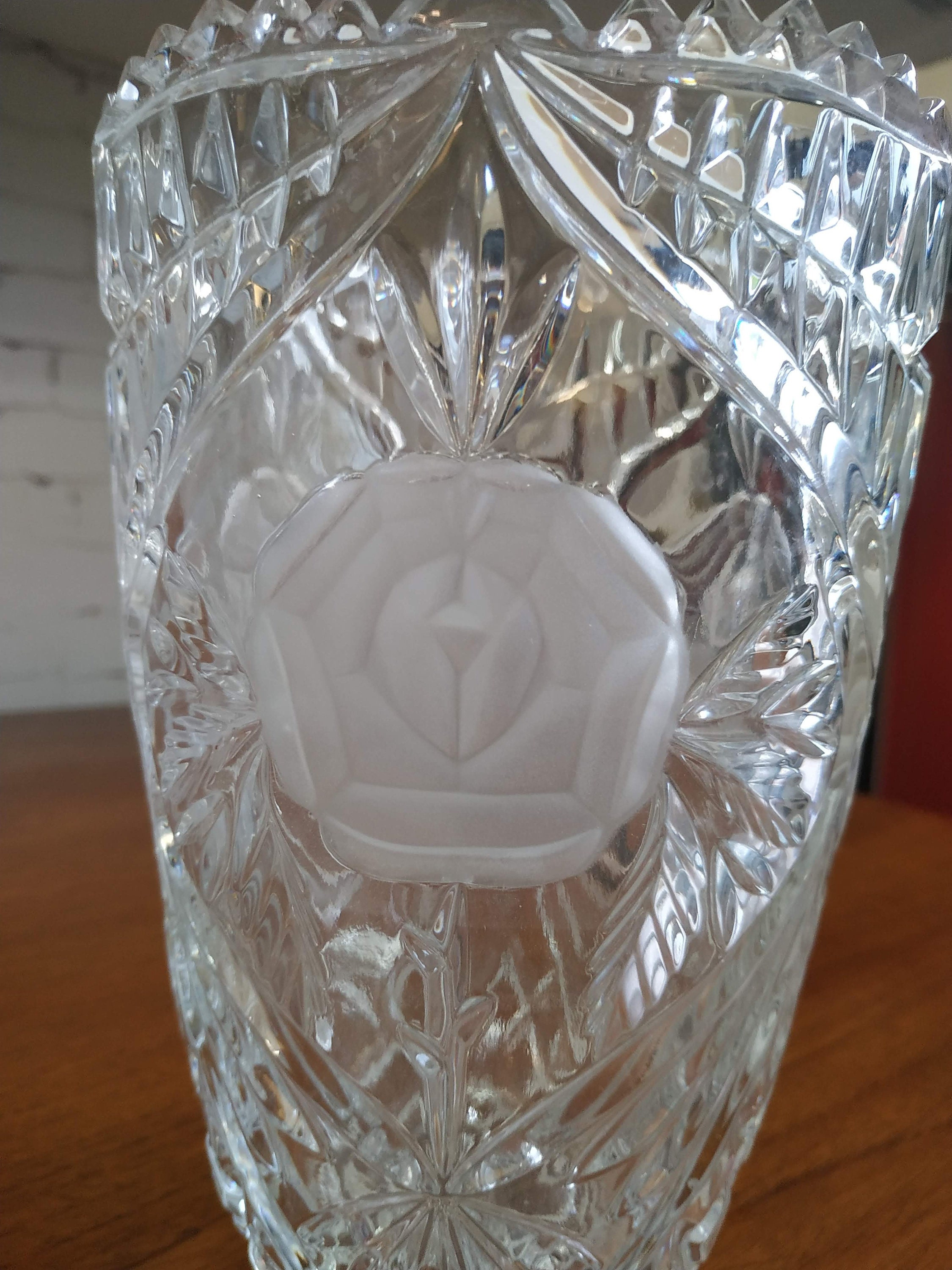 Vintage Art Deco Crystal Vase Heavy Cut Glass Etched Flowers Etsy