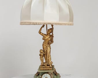 Antique French Gold Gilt Classic Lady Lavergne Sculpture Lamp and Marble Clock 1890