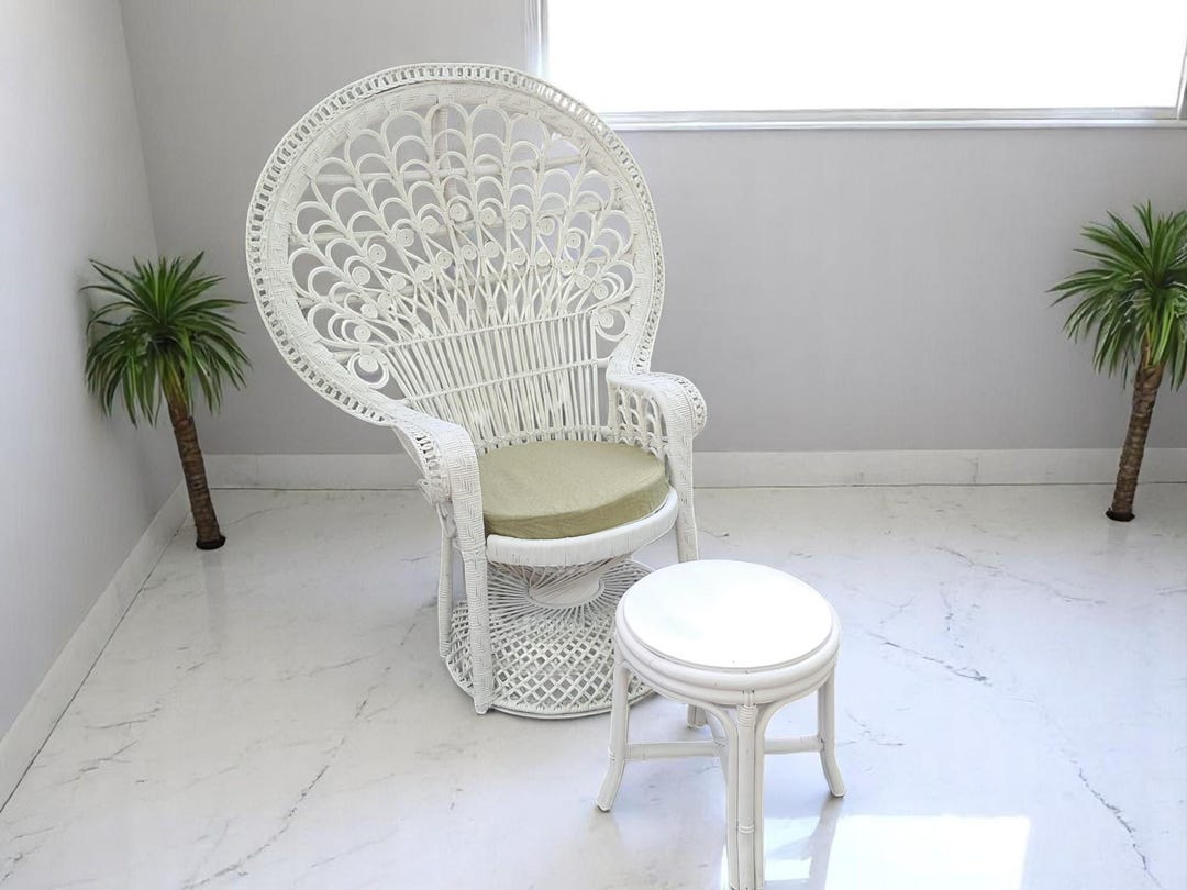 Vintage Mid Century White Rattan Peacock Chair Wicker Chair