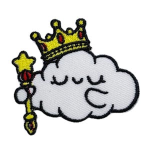 May include: A white cloud with a smiling face wearing a gold crown with red jewels and holding a gold sceptre with a yellow star on top.