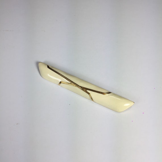 Vintage extra large cream enamel bar pin Signed M… - image 6