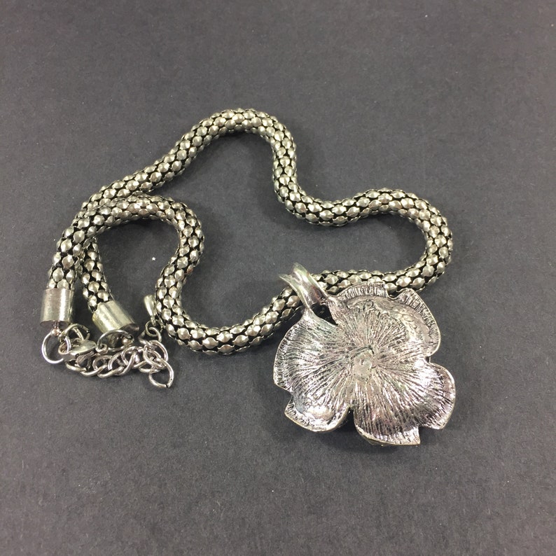 Oversized rhinestone ROSE necklace Silvertone crystal ...