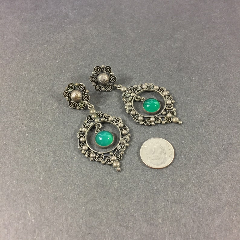 Silver tone Victorian dangle earrings with green glass cabochons Lightweight antique silver dangles Statement jewelry Anniversary For her