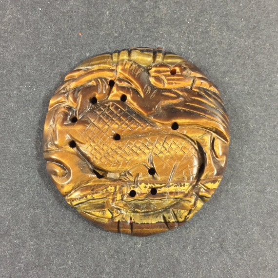 Oriental DRAGON hand carved Tiger eye stone penda… - image 1