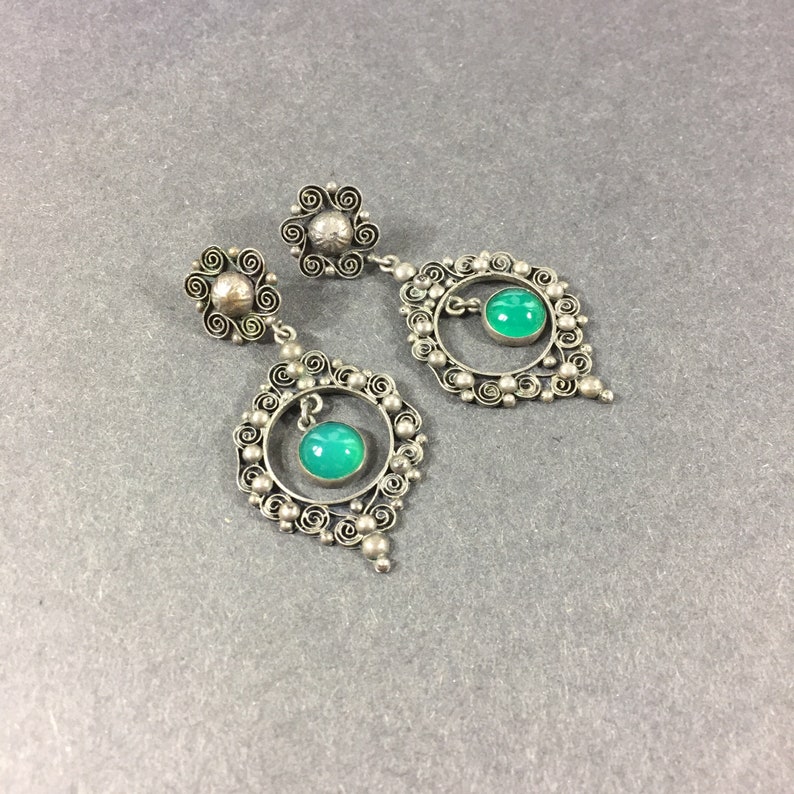 Silver tone Victorian dangle earrings with green glass cabochons Lightweight antique silver dangles Statement jewelry Anniversary For her