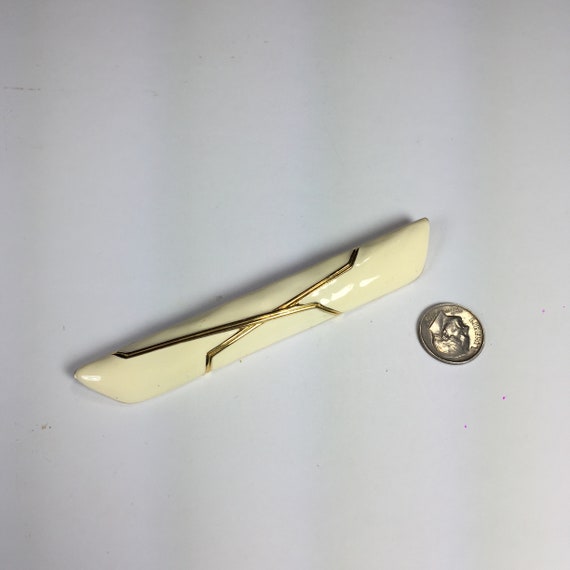 Vintage extra large cream enamel bar pin Signed M… - image 8