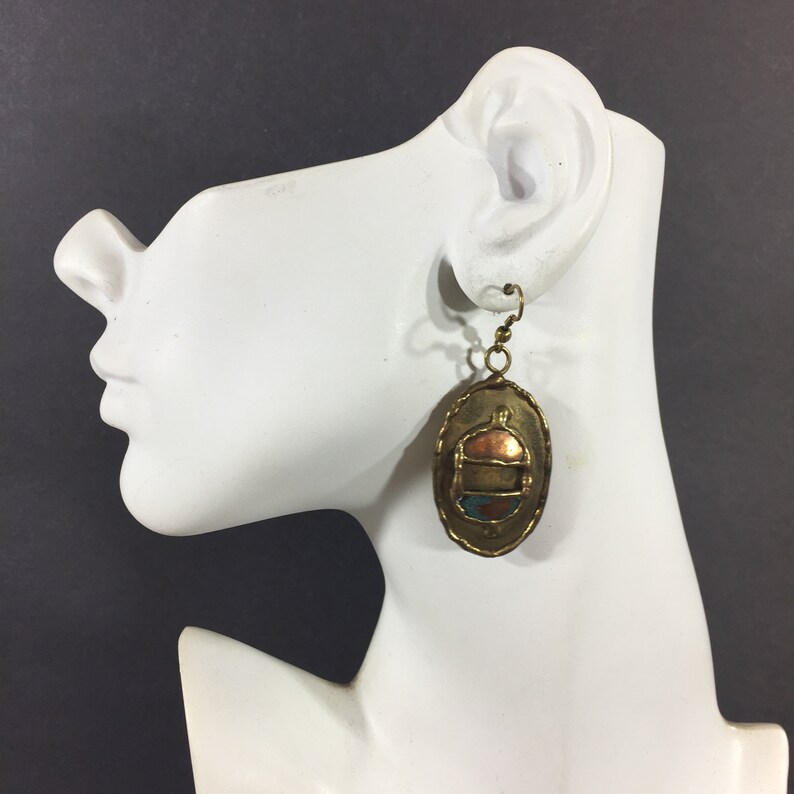 Hand made brass dangle earrings Chunky artist made dangles Statement jewelry Special occasions Anniversary