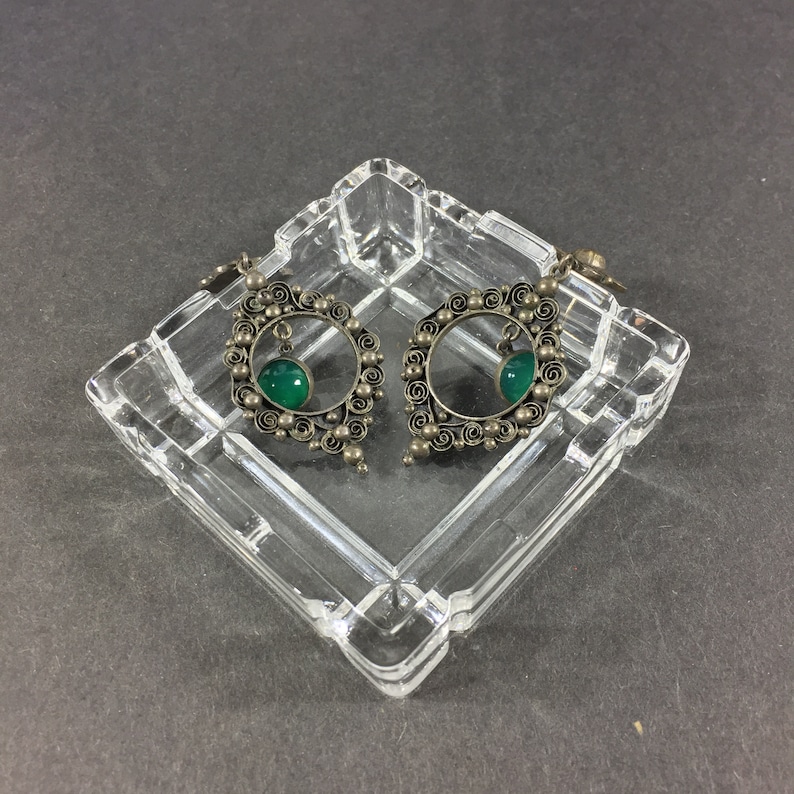 Silver tone Victorian dangle earrings with green glass cabochons Lightweight antique silver dangles Statement jewelry Anniversary For her
