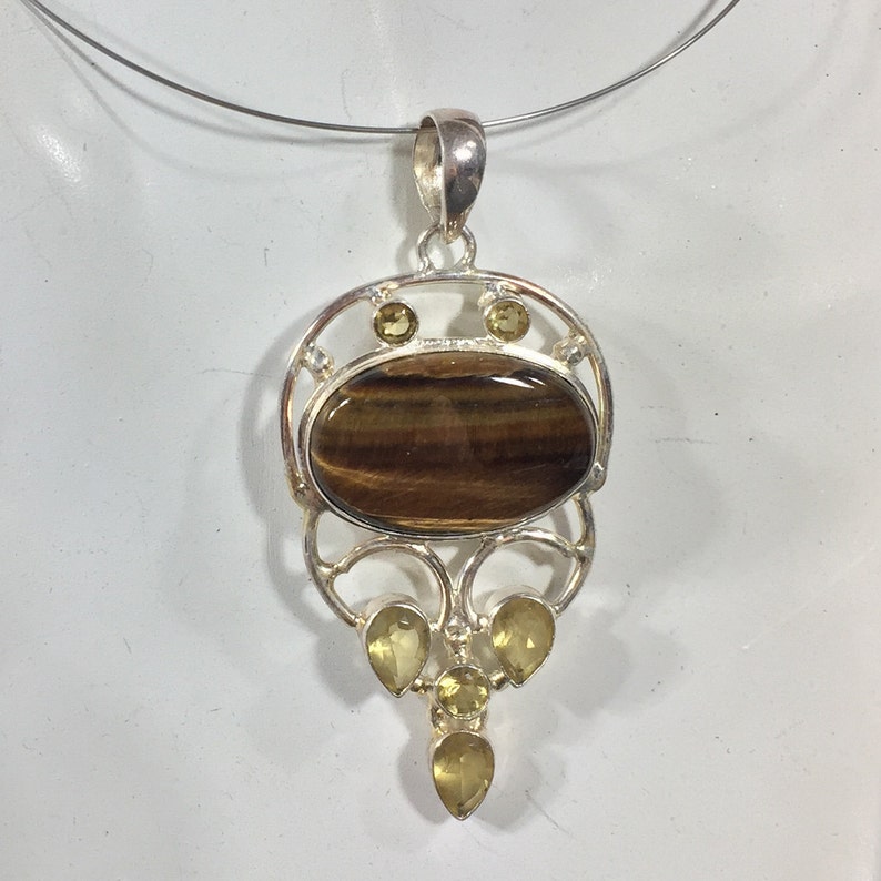 Tiger eye cabochon pendant Sterling silver Artist made Oversized chunky necklace with citrine cabochons