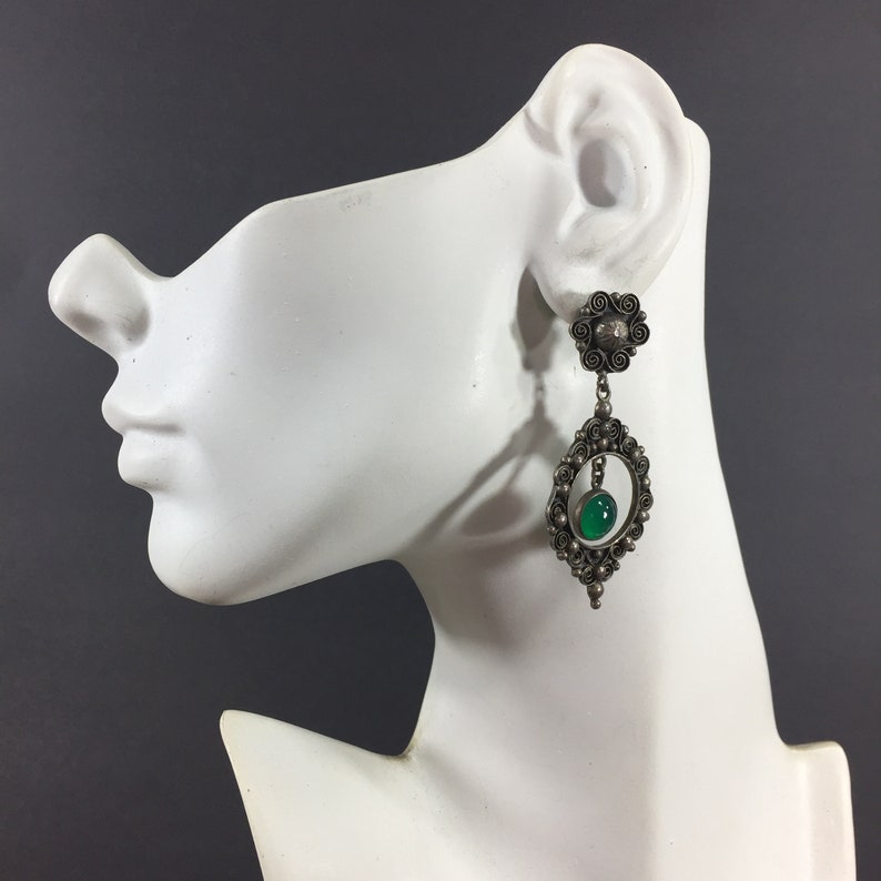 Silver tone Victorian dangle earrings with green glass cabochons Lightweight antique silver dangles Statement jewelry Anniversary For her