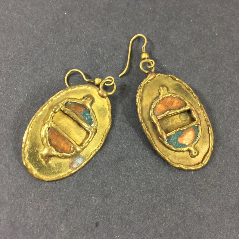 Hand made brass dangle earrings Chunky artist made dangles Statement jewelry Special occasions Anniversary