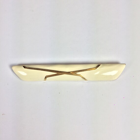 Vintage extra large cream enamel bar pin Signed M… - image 1