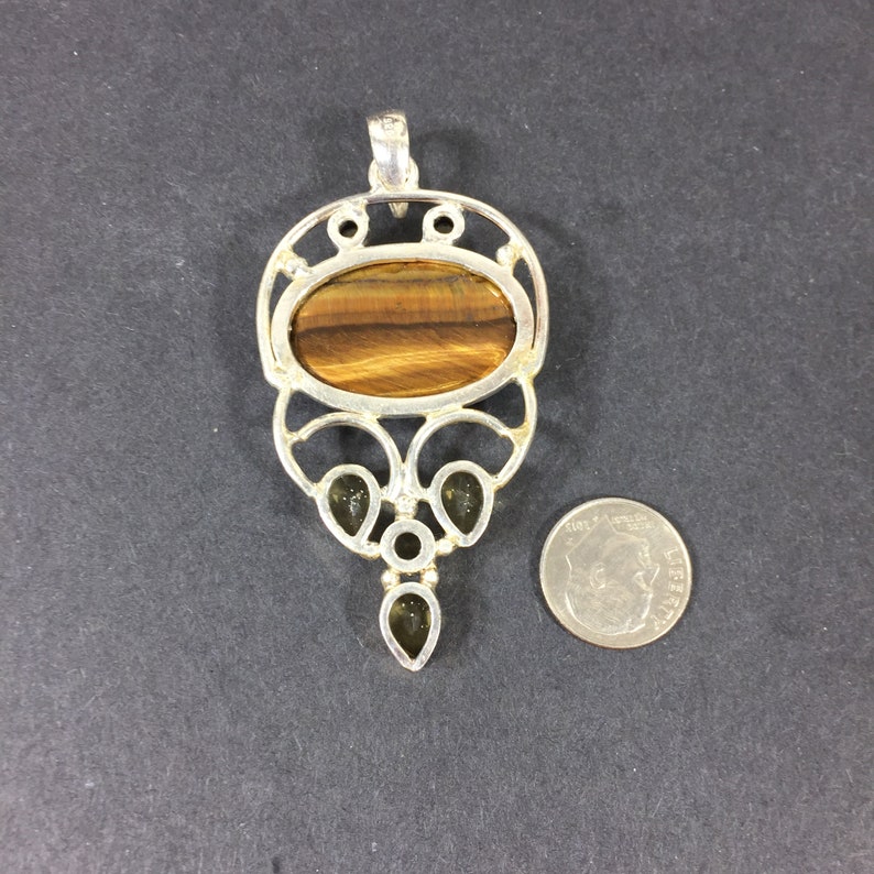 Tiger eye cabochon pendant Sterling silver Artist made Oversized chunky necklace with citrine cabochons