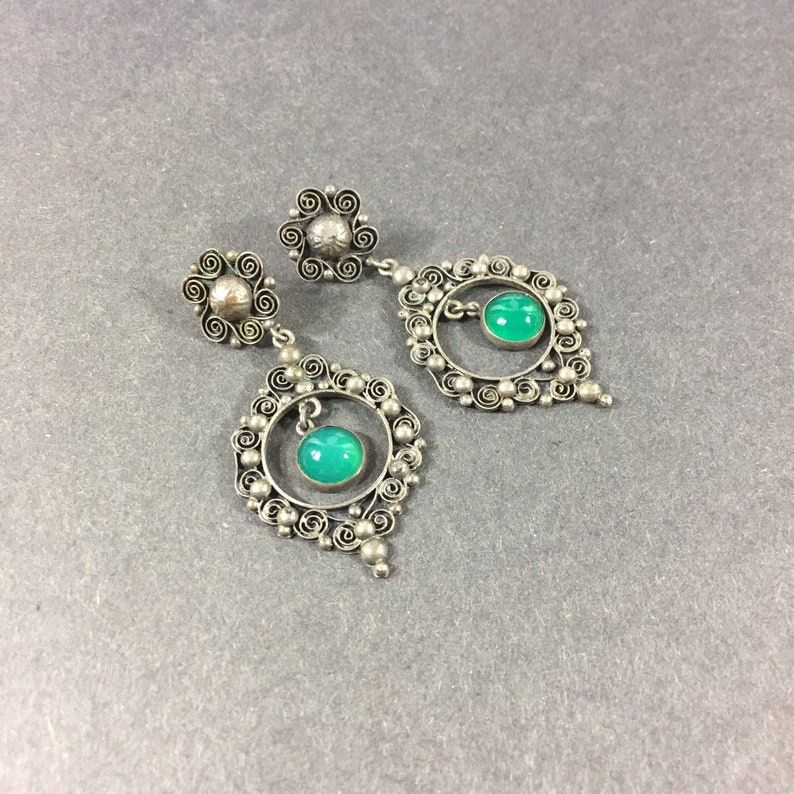 Silver tone Victorian dangle earrings with green glass cabochons Lightweight antique silver dangles Statement jewelry Anniversary For her