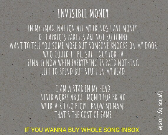 Items Similar To Invisible Money Song Lyrics For Sale On Etsy