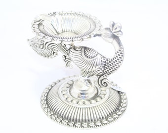 Rajasthan Gems Handmade Oil Lamp Diya Deepak 925 Sterling Silver Temple Pooja Item Peacock Bird