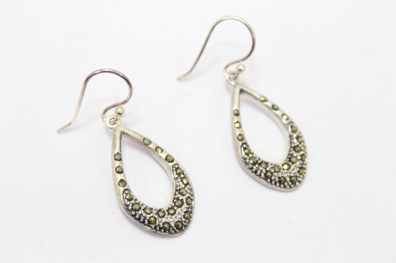 Rajasthan Gems Handmade Dangle Earrings Women 925 Sterling Silver Marcasite Stones P