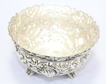 Rajasthan Gems Handmade Dish Bowl Oxidized 925 Sterling Solid Silver India Hand Engraved F