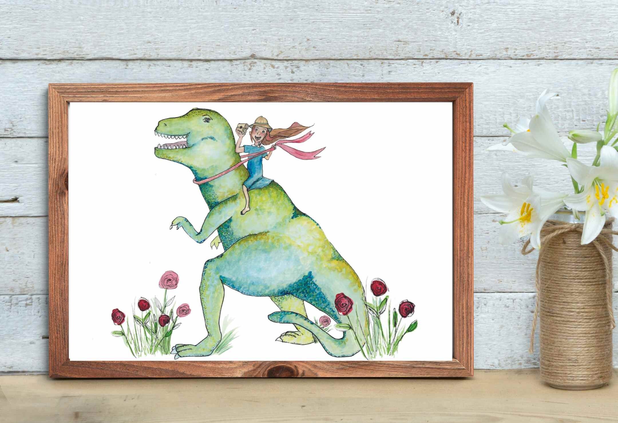 Girl With T-rex Watercolor Art Print, Watercolor Dinosaur Prints for ...