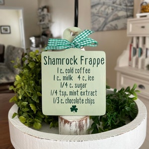 Shamrock Frappe - St Paddy’s Day Tiered Tray Decor | St Patrick’s Day Tier Tray Decor | Irish Tiered Tray | Recipe mini sign