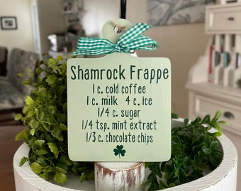 Shamrock Frappe - St Paddy’s Day Tiered Tray Decor | St Patrick’s Day Tier Tray Decor | Irish Tiered Tray | Recipe mini sign