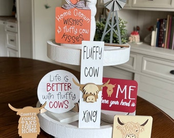 Highland Cow Tiered Tray Signs | Farmhouse Tiered Tray Sign | Hairy Cow Tiered Tray decor | Tiered Tray Decor | Farm Tiered Tray Mini Signs