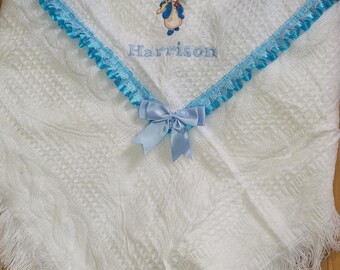 Embroidered peter Rabbit Shawl, Personalised Baby Gift