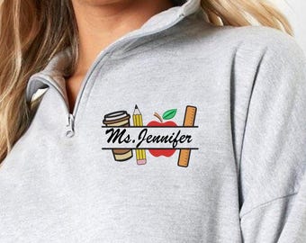 Custom Embroidered Teacher Quarter Zip Sweatshirt: Personalized Apple Design