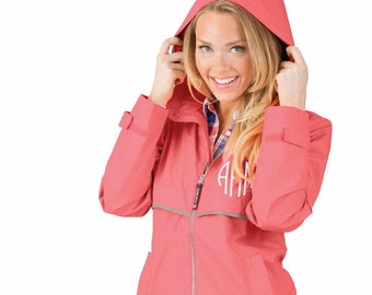 Coral Charles River Monogram Rain Coat | New Englander Personalized Rain Jacket | Coral Monogrammed Rain Jacket