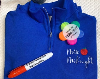Personalized Teacher Sweatshirt Name Apple Embroidery | Teacher Quarter Zip Pullover | Teacher Gifts Personalized with Apple | Teacher Gifts