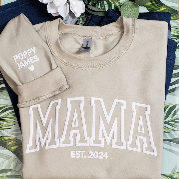 MAMA Sweatshirt with Kids Name on Sleeve | Mama Sweater | 3D Puff Vinyl Personalized Crewneck Mama Sweatshirt | Embossed 3D MAMA Sweatshirt