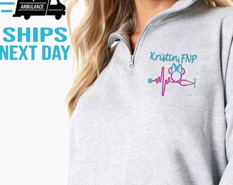 Personalized Nurse Quarter Zip Sweatshirt: Embroidered Stethoscope Design with Minnie or Mickey Mouse