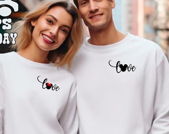 Personalized Couple Sweatshirt: Minnie Mickey Mouse Embroidery, Custom Initial Sleeve, Valentine's Gift