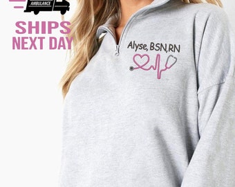 Personalized Nurse Quarter Zip Sweatshirt: Embroidered Stethoscope Gift with Nurse Credentials