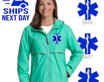 Charles River EMT Rain Jacket: Waterproof Full Zip, Star of Life Embroidered