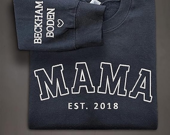 MAMA Sweatshirt with Kids Name on Sleeve | Mama Sweater | Embroidered Personalized Crewneck Mama Sweatshirt | Mother's Day Gift