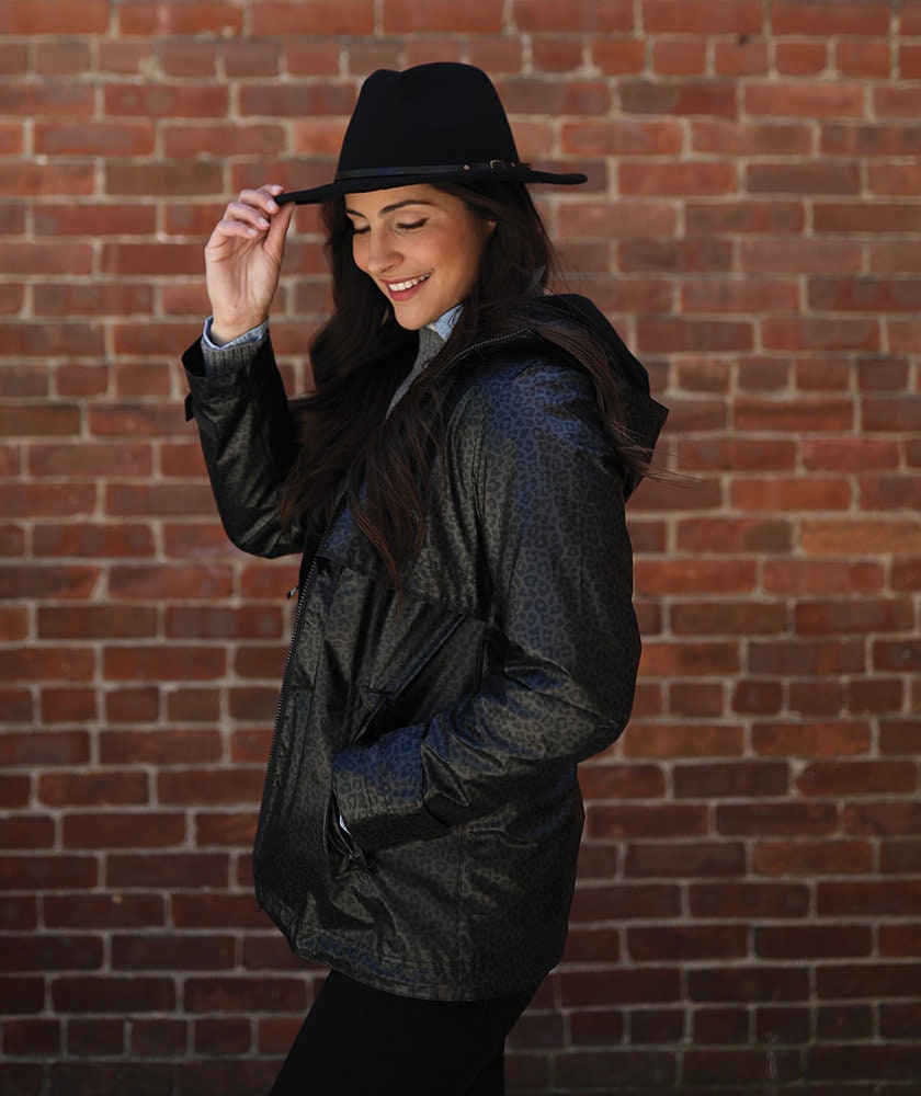 Charles River Black Leopard Monogrammed Rain Coat New Englander