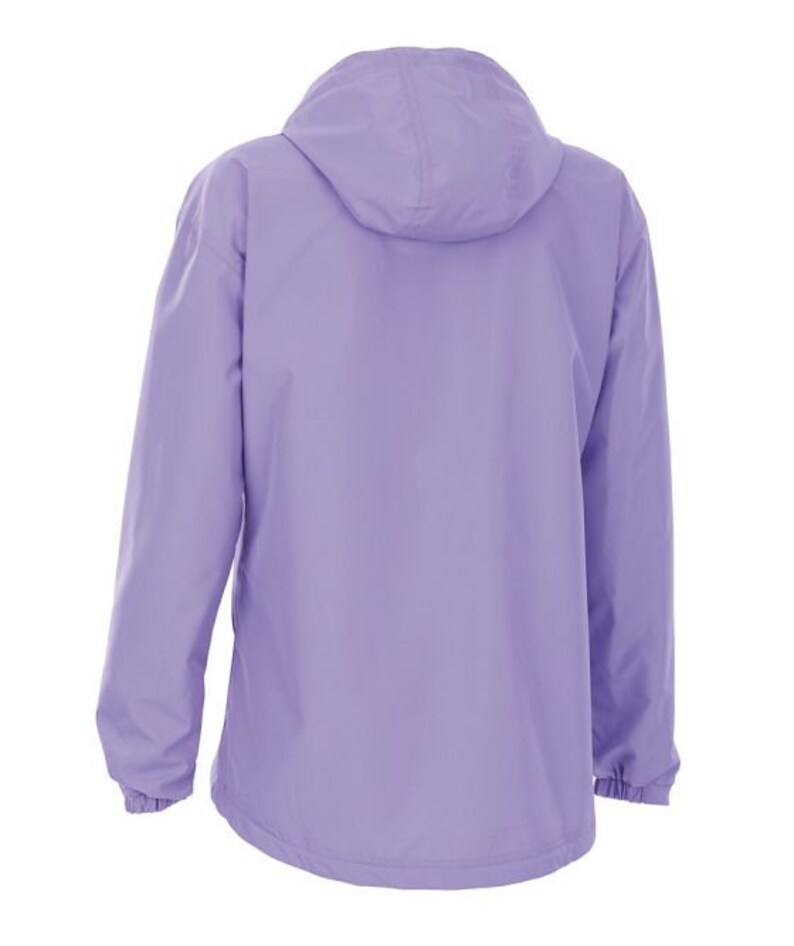 May include: A lilac hooded jacket with long sleeves. The jacket features a full zip and elasticated cuffs. The hood is attached and the jacket is made of a smooth, water-resistant material. Suitable for outdoor activities.