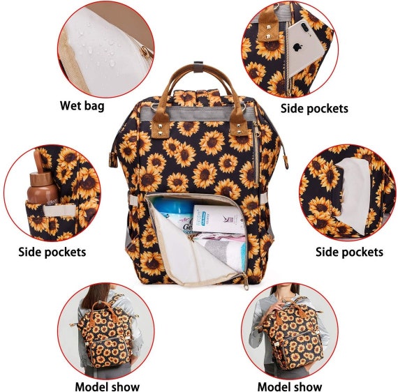 Personalized Sunflower Diaper Bag Backpack: Embroidered Monogram