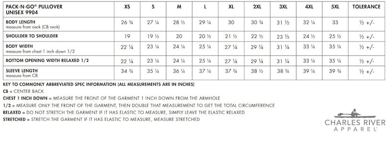 May include: Size chart for a unisex pullover with measurements in inches for body length, shoulder to shoulder, body width, bottom opening width, and sleeve length. The chart includes sizes XS to 5XL and a tolerance of 1/2 inch plus or minus. The chart is titled "Pack-N-Go Pullover Unisex 9904".