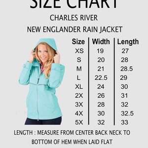 May include: A size chart for the Charles River New Englander rain jacket, featuring a light blue hooded jacket and a table listing sizes XS through 5X with corresponding width and length measurements in inches, plus instructions for measuring.