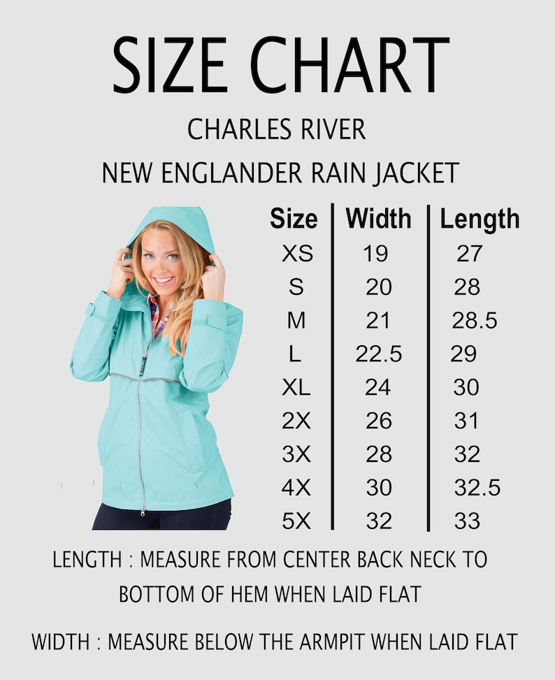 May include: A size chart for the Charles River New Englander rain jacket, featuring a light blue hooded jacket and a table listing sizes XS through 5X with corresponding width and length measurements in inches, plus instructions for measuring.