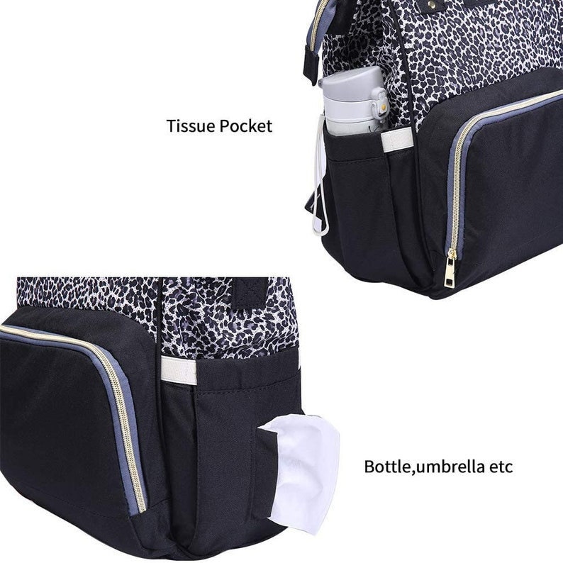 May include: A black and gray leopard print diaper bag with multiple pockets. The bag has a large pocket on the front labeled "Bottle, umbrella etc" and a smaller pocket on the top labeled "Tissue Pocket".