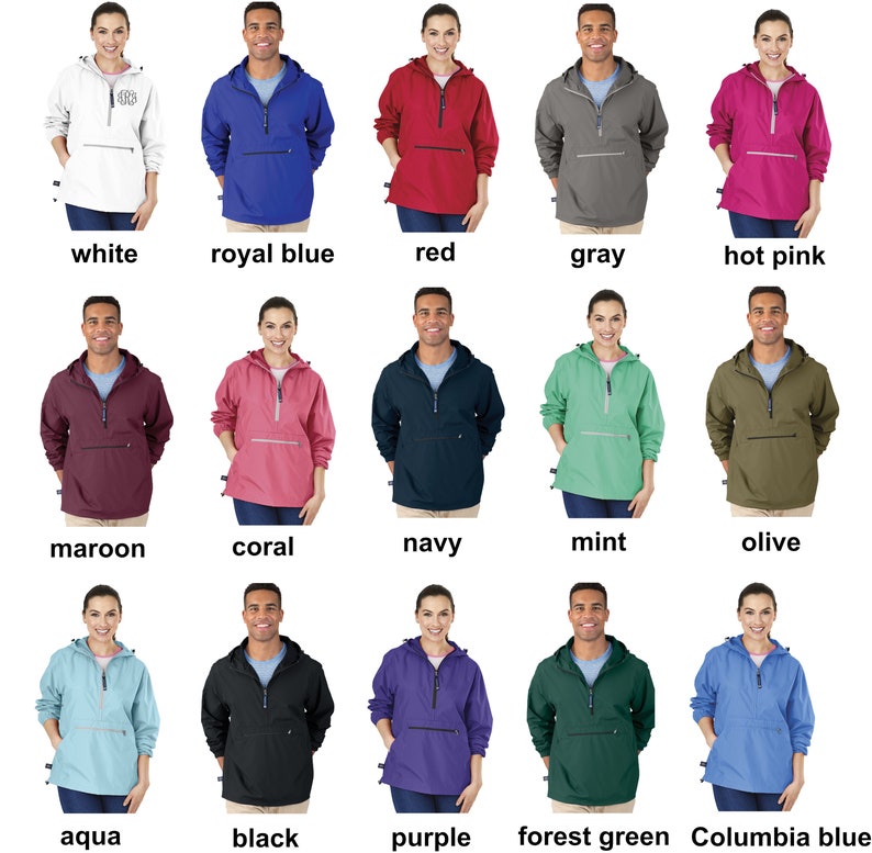 May include: A selection of 15 different color pullovers with a zippered front and a kangaroo pocket. The pullovers are shown on models wearing them.