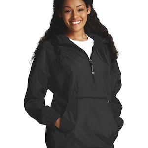 May include: A black hooded jacket with a zipper closure and a kangaroo pocket. The jacket has a drawstring hood and elastic cuffs.