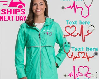Personalized Nurse Rain Jacket: Stethoscope Heart Design, Charles River Rain Coat